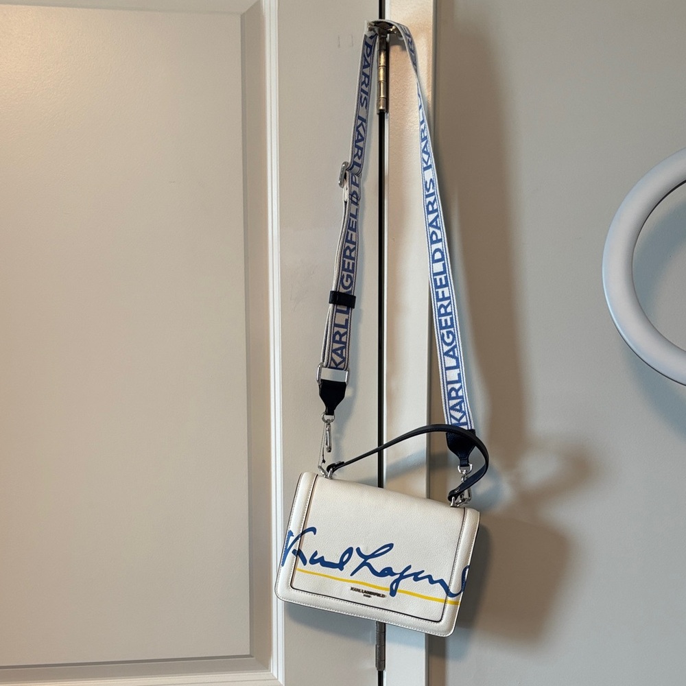 NEVER USED Karl Lagerfeld White Bag with Blue Logo Strap